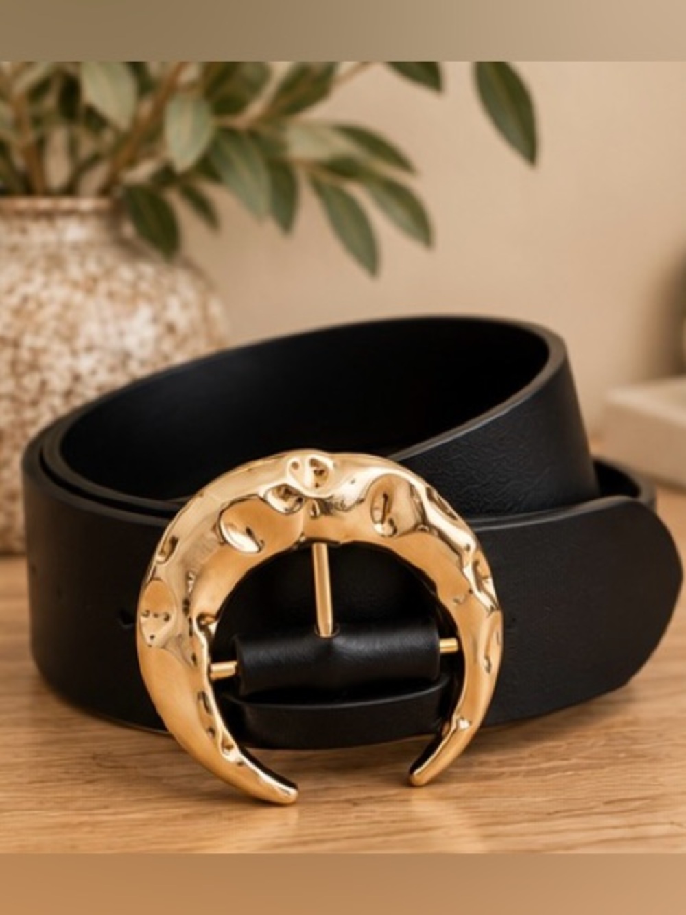 Black Leather Belt with Gold Crescent Buckle